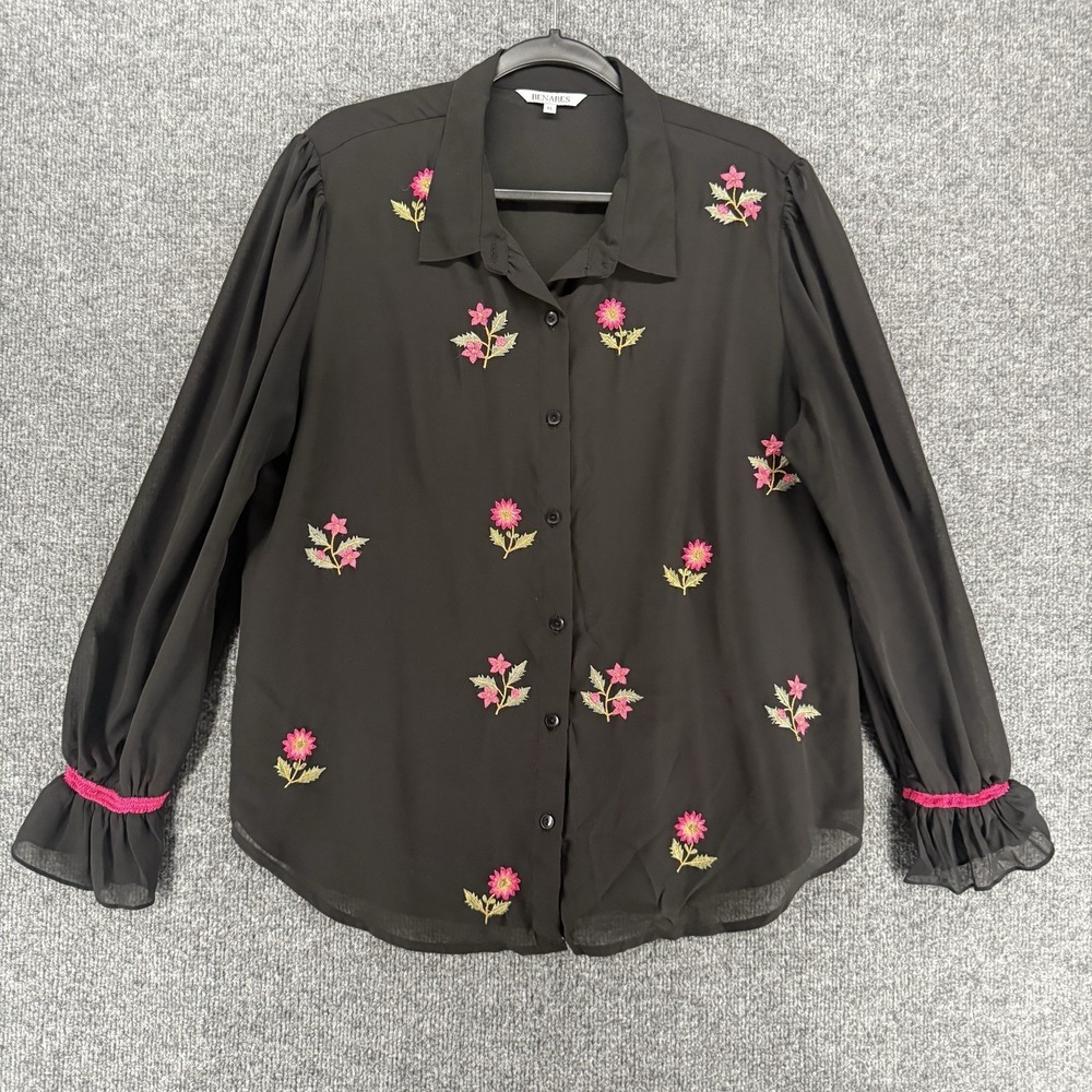 Benares Blouse Top Womens XL Black Floral Button Up Peasant Boho Cottage Prairie